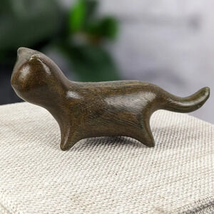 Wooden hand carved cat statue figurine long lanky kitty green wood color